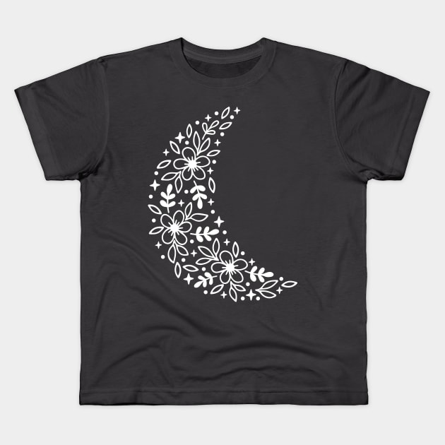 White (negative Space) Floral Moon Kids T-Shirt by Designs by Katie Leigh